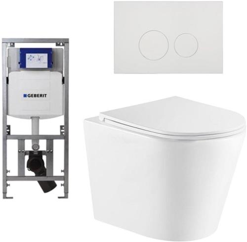 QeramiQ Dely Toiletset - 36.3x51.7cm - diepspoel - rimless - Geberit UP320 Burda inbouwreservoir - softclose toiletzitting - mat witte bedieningsplaat - ronde knoppen - mat wit